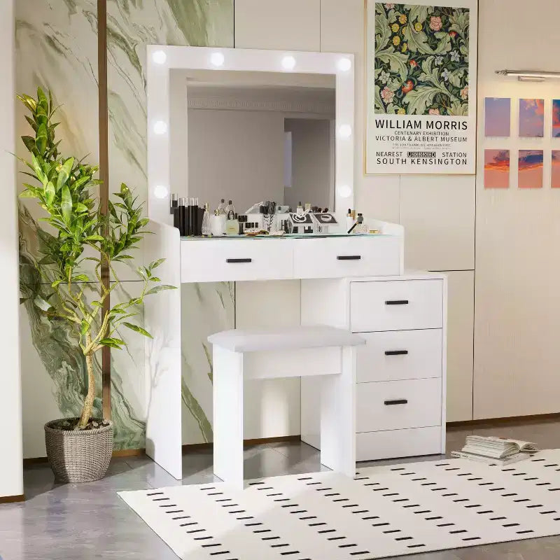 Coiffeuse contemporaine Okak avec miroir, coiffeuse de maquillage avec LED réglable, table de maquillage avec 7 tiroirs pour chambre à coucher
