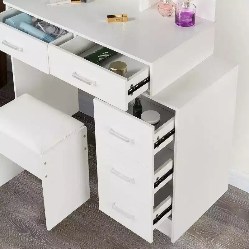 Coiffeuse contemporaine Okak avec miroir, coiffeuse de maquillage avec LED réglable, table de maquillage avec 7 tiroirs pour chambre à coucher