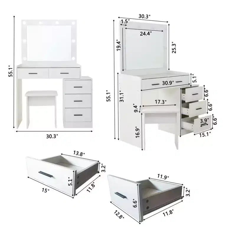 Coiffeuse contemporaine Okak avec miroir, coiffeuse de maquillage avec LED réglable, table de maquillage avec 7 tiroirs pour chambre à coucher