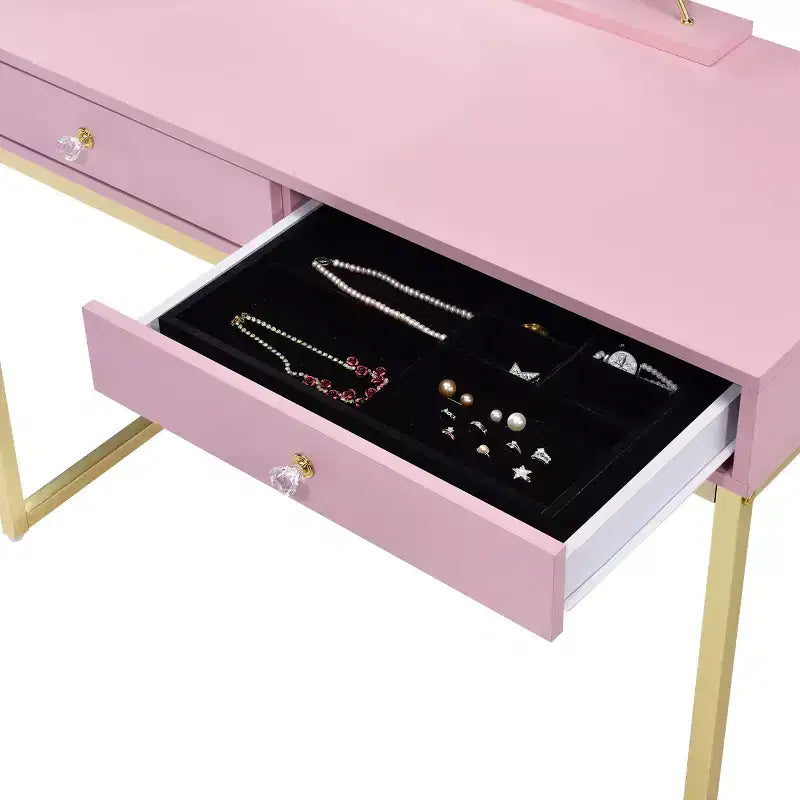 Coiffeuse contemporaine Okak avec miroir, coiffeuse de maquillage avec LED réglable, table de maquillage avec 7 tiroirs pour chambre à coucher