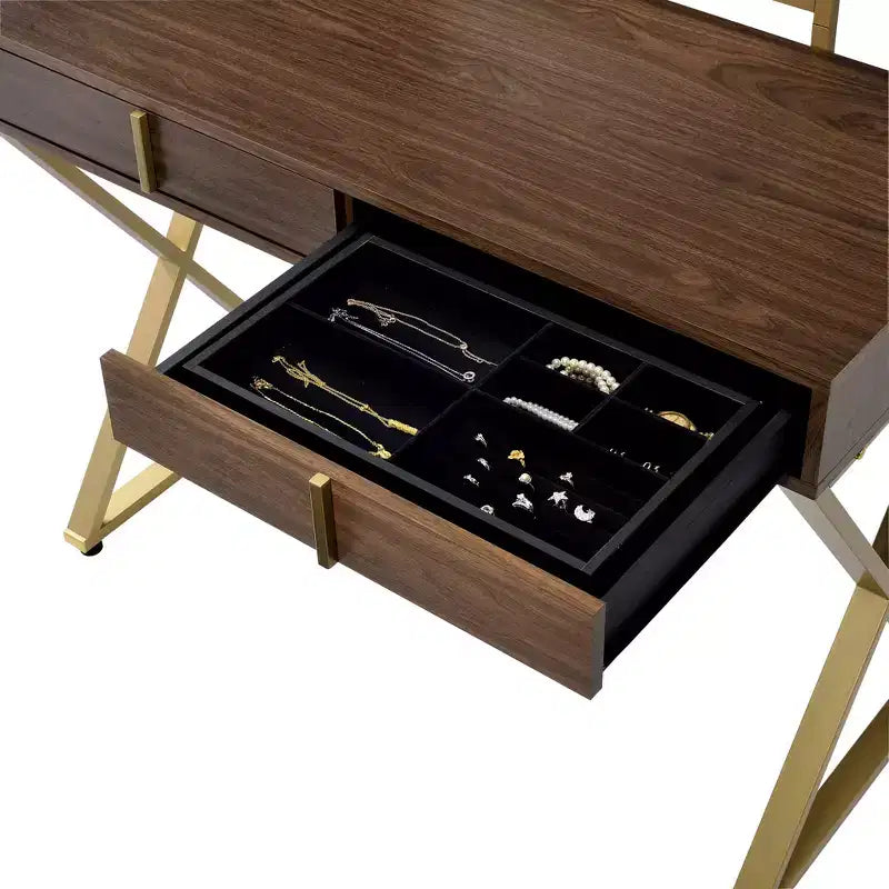 Coiffeuse contemporaine Okak avec miroir, coiffeuse de maquillage avec LED réglable, table de maquillage avec 7 tiroirs pour chambre à coucher