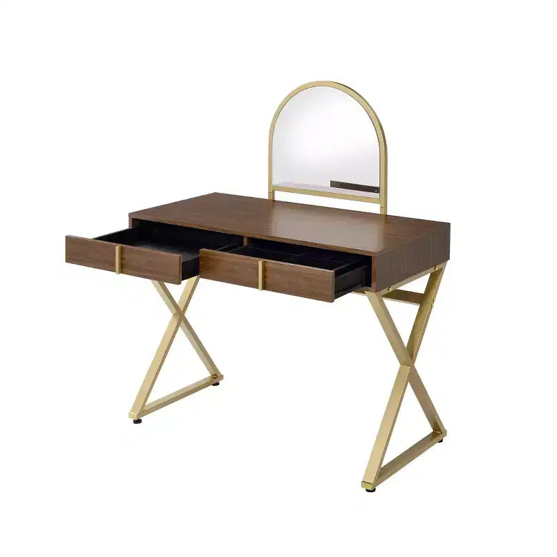 Coiffeuse contemporaine Okak avec miroir, coiffeuse de maquillage avec LED réglable, table de maquillage avec 7 tiroirs pour chambre à coucher