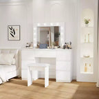 Coiffeuse contemporaine Okak avec miroir, coiffeuse de maquillage avec LED réglable, table de maquillage avec 7 tiroirs pour chambre à coucher