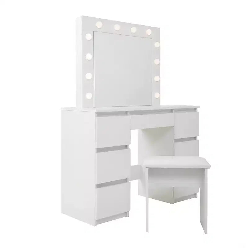 Coiffeuse contemporaine Okak avec miroir, coiffeuse de maquillage avec LED réglable, table de maquillage avec 7 tiroirs pour chambre à coucher