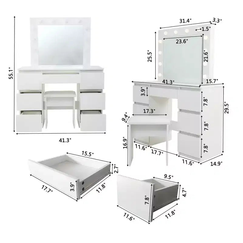 Coiffeuse contemporaine Okak avec miroir, coiffeuse de maquillage avec LED réglable, table de maquillage avec 7 tiroirs pour chambre à coucher