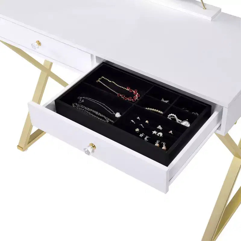 Coiffeuse contemporaine Okak avec miroir, coiffeuse de maquillage avec LED réglable, table de maquillage avec 7 tiroirs pour chambre à coucher