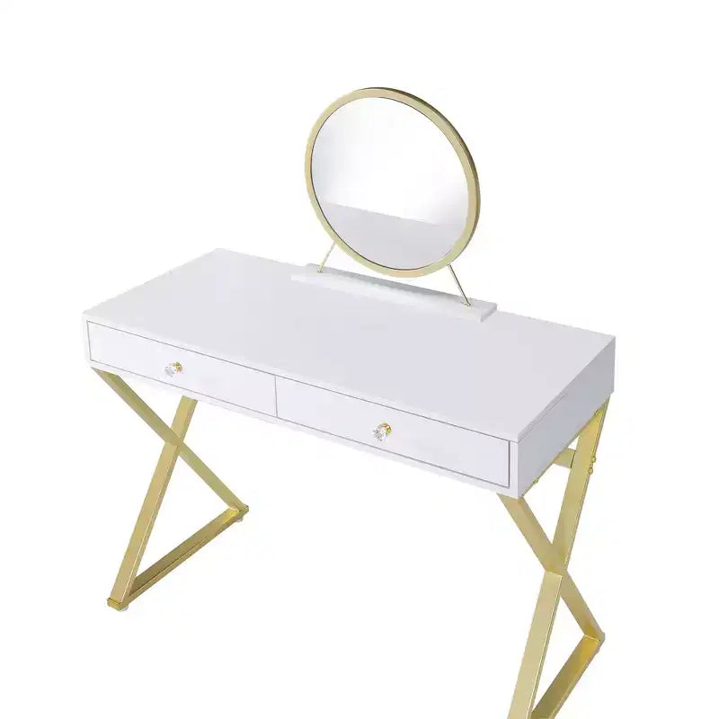Coiffeuse contemporaine Okak avec miroir, coiffeuse de maquillage avec LED réglable, table de maquillage avec 7 tiroirs pour chambre à coucher