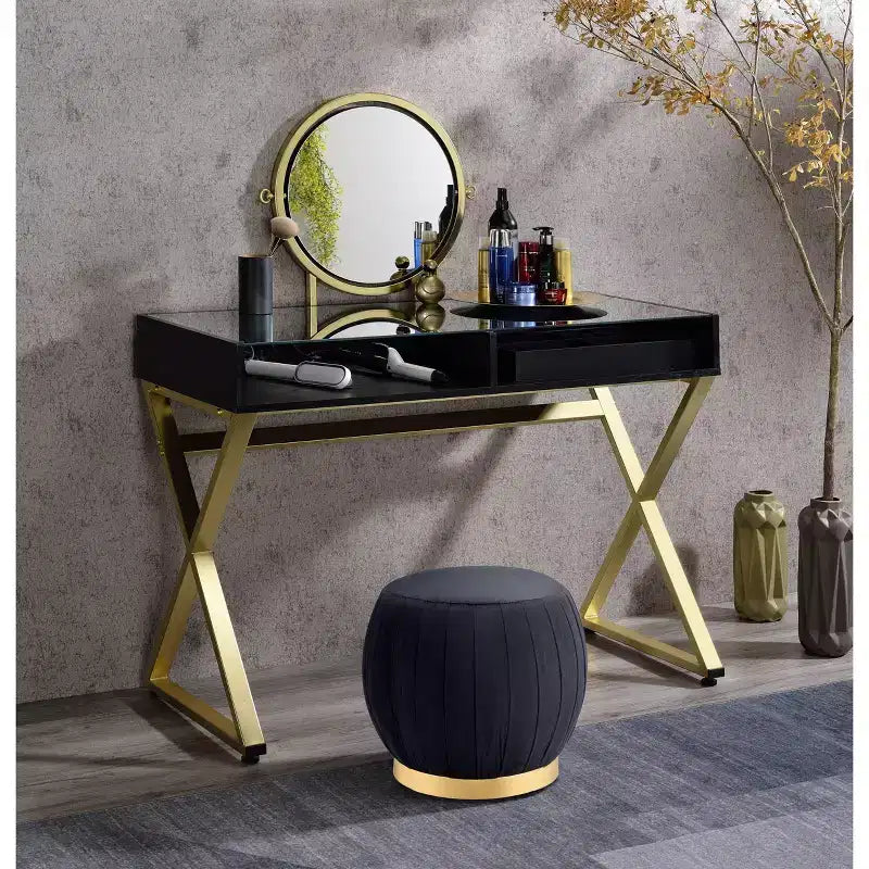 Okak Tavolino da trucco contemporaneo con specchio, Vanity per trucco con LED regolabile, Tavolo da toeletta con 7 cassetti per camera da letto