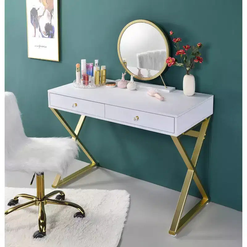 Okak Tavolino da trucco contemporaneo con specchio, Vanity per trucco con LED regolabile, Tavolo da toeletta con 7 cassetti per camera da letto