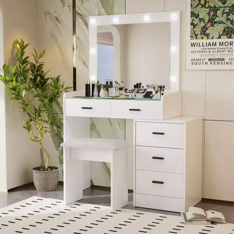 Okak Tavolino da trucco contemporaneo con specchio, Vanity per trucco con LED regolabile, Tavolo da toeletta con 7 cassetti per camera da letto