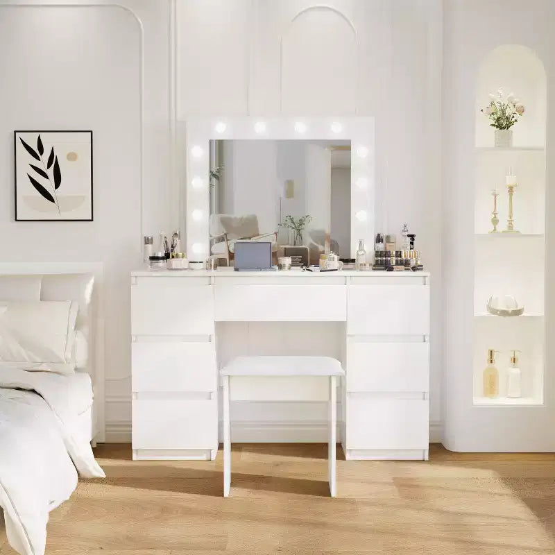 Okak Contemporary Vanity Desk with Mirror, Makeup Vanity with Adjustable LED,Dressing Table with 7 Drawers for Bedroom