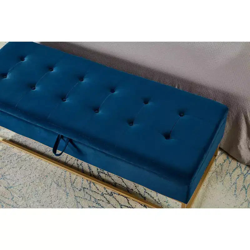 Okak 58.6 Panca contenitore in velluto con bottoni capitonné, base in metallo imbottita, poggiapiedi, sgabello, panca da letto per ingresso e camera da letto