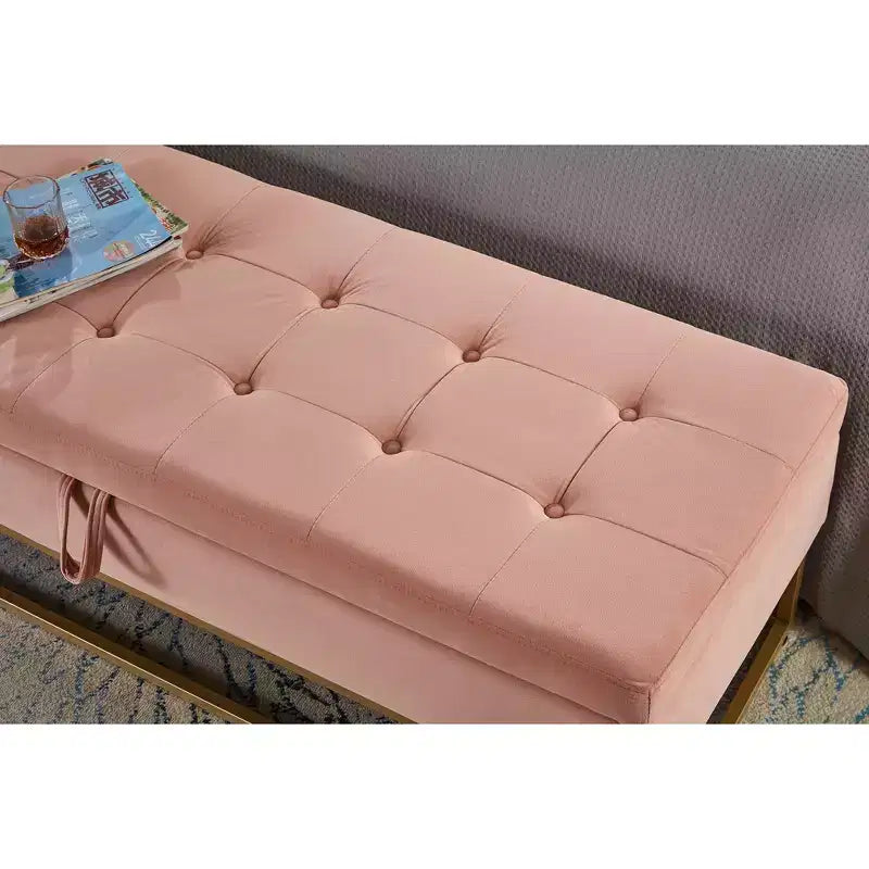 Okak 58.6 Panca contenitore in velluto con bottoni capitonné, base in metallo imbottita, poggiapiedi, sgabello, panca da letto per ingresso e camera da letto
