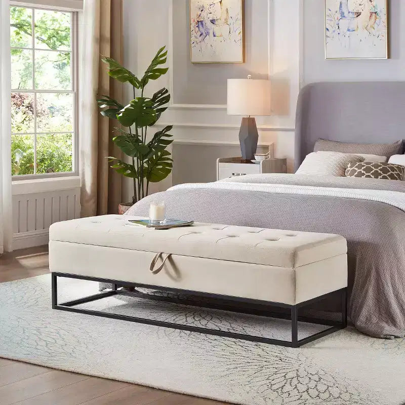 Okak 58.6 Velvet Storage Ottoman Bench with Tufted Button Upholstered Metal Base Footrest Stool Bed Bench for Entryway Bedroom