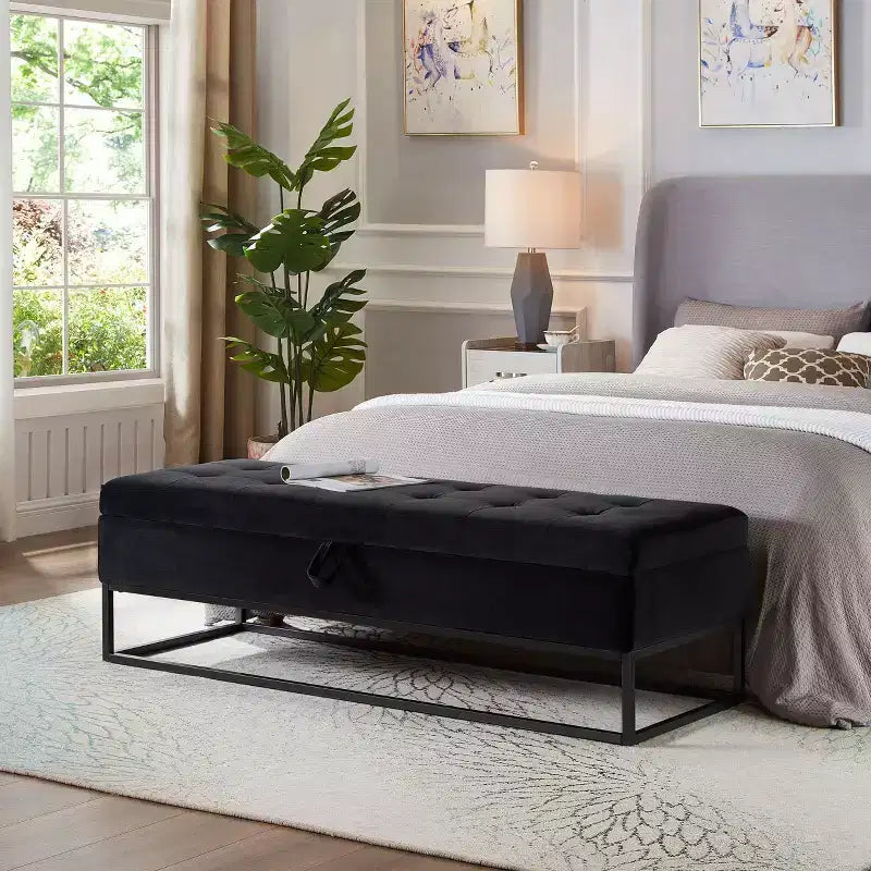 Okak 58.6 Panca contenitore in velluto con bottoni capitonné, base in metallo imbottita, poggiapiedi, sgabello, panca da letto per ingresso e camera da letto