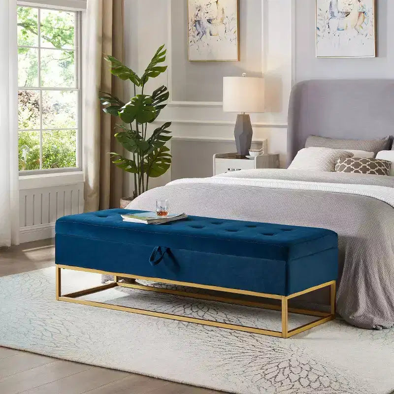 Okak 58.6 Panca contenitore in velluto con bottoni capitonné, base in metallo imbottita, poggiapiedi, sgabello, panca da letto per ingresso e camera da letto