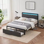 Bed Frame, Platform Upholstered Bed Frame, with 2 Storage Drawers and Button Tufted Headboard, Heavy Metal Slat Support, Noise Free