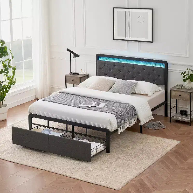Bed Frame, Platform Upholstered Bed Frame, with 2 Storage Drawers and Button Tufted Headboard, Heavy Metal Slat Support, Noise Free