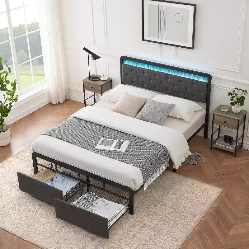 Struttura Letto, Letto Imbottito con Piattaforma, con 2 Cassetti Contenitori e Testiera Trapuntata con Bottoni, Supporto Robusto a Doghe Metalliche, Silenzioso