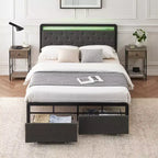 Struttura Letto, Letto Imbottito con Piattaforma, con 2 Cassetti Contenitori e Testiera Trapuntata con Bottoni, Supporto Robusto a Doghe Metalliche, Silenzioso
