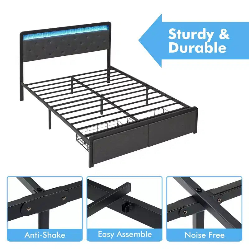 Struttura Letto, Letto Imbottito con Piattaforma, con 2 Cassetti Contenitori e Testiera Trapuntata con Bottoni, Supporto Robusto a Doghe Metalliche, Silenzioso