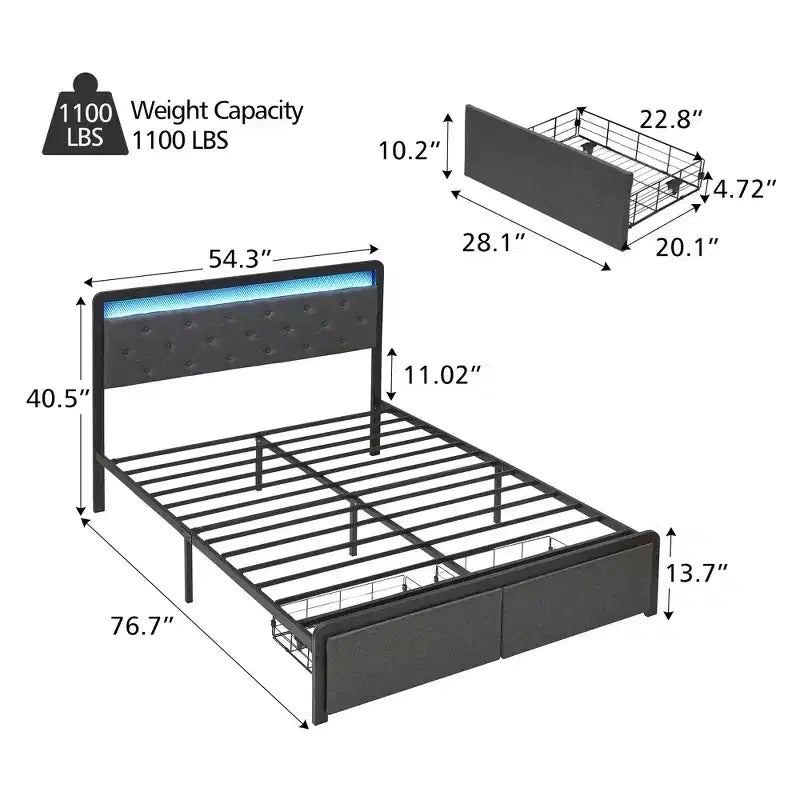 Struttura Letto, Letto Imbottito con Piattaforma, con 2 Cassetti Contenitori e Testiera Trapuntata con Bottoni, Supporto Robusto a Doghe Metalliche, Silenzioso