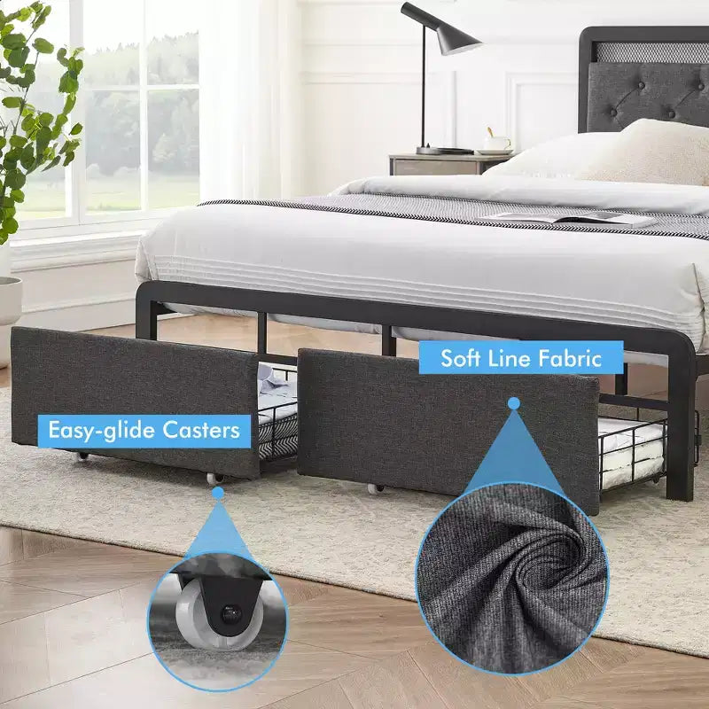 Struttura Letto, Letto Imbottito con Piattaforma, con 2 Cassetti Contenitori e Testiera Trapuntata con Bottoni, Supporto Robusto a Doghe Metalliche, Silenzioso