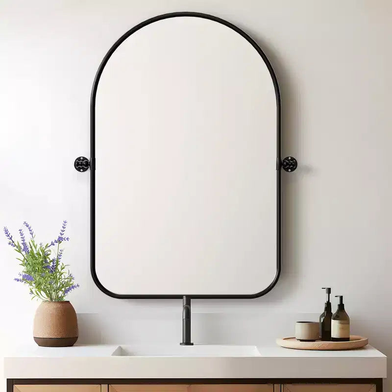 MAYEERTY 32x23in Wrought Iron Rounded Arch Black Swivel Metal Hanging Mirror