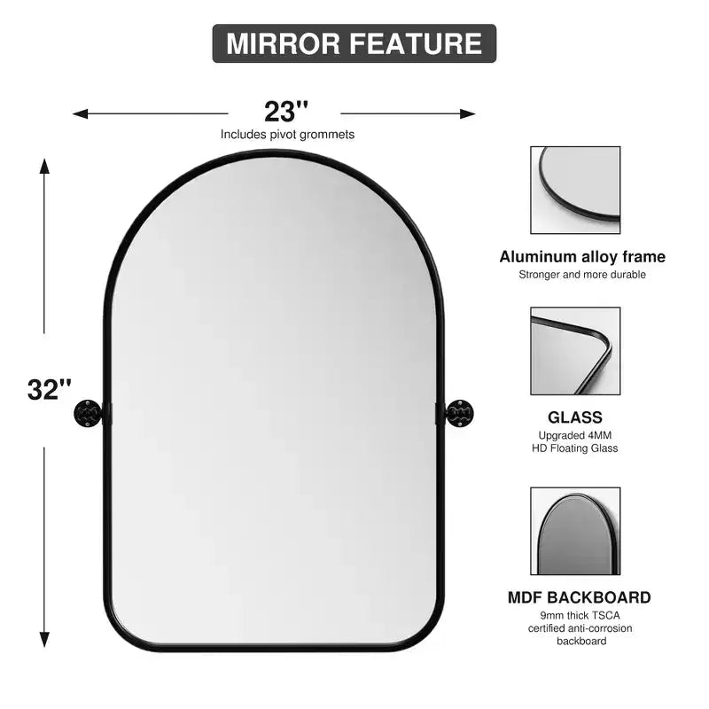 MAYEERTY Miroir suspendu pivotant en métal noir avec arche arrondie en fer forgé 32x23 pouces