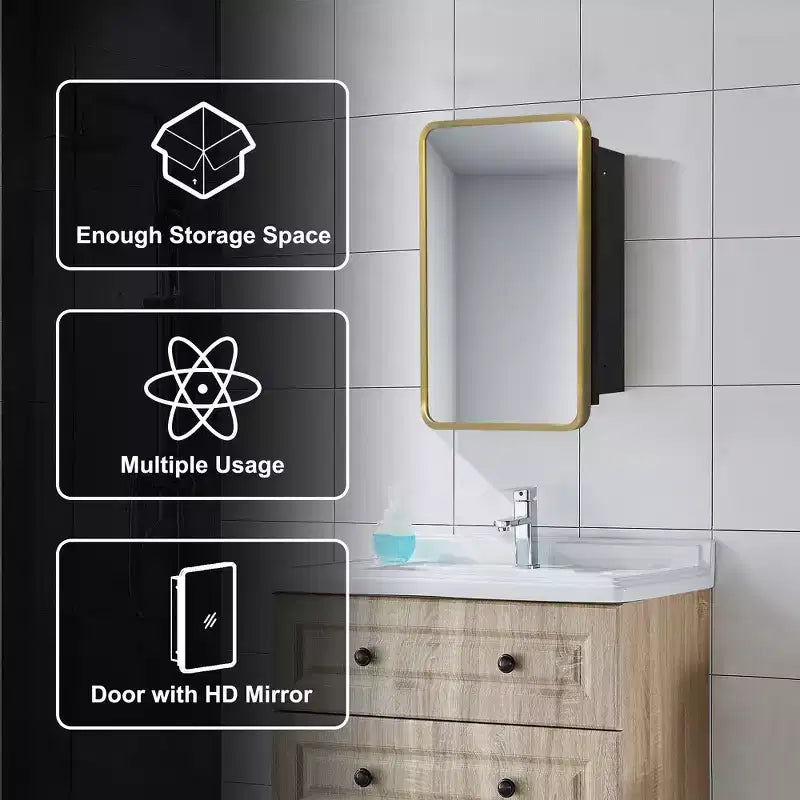 MAYEERTY Armoire de Toilette Murale à Miroir Doré Rectangulaire Arrondi en Fer Forgé 24x16x5cm