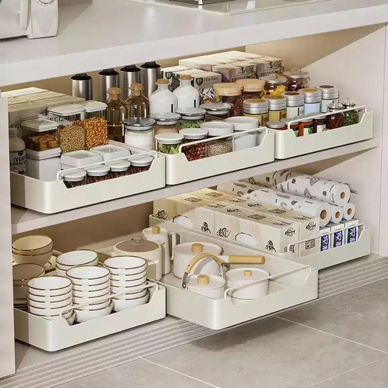 Organizzatore estraibile per mobile da cucina fissato con pellicola adesiva, portaoggetti e ripiani dispensa estraibili scorrevoli, ripiano dispensa a cassetto scorrevole per carichi pesanti
