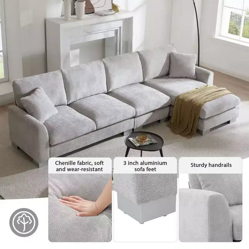 Canapé d'angle surdimensionné Okak Luxury 119 places en forme de L avec méridienne et 2 oreillers, canapé en chenille nuage pour salon, appartement, bureau, bleu