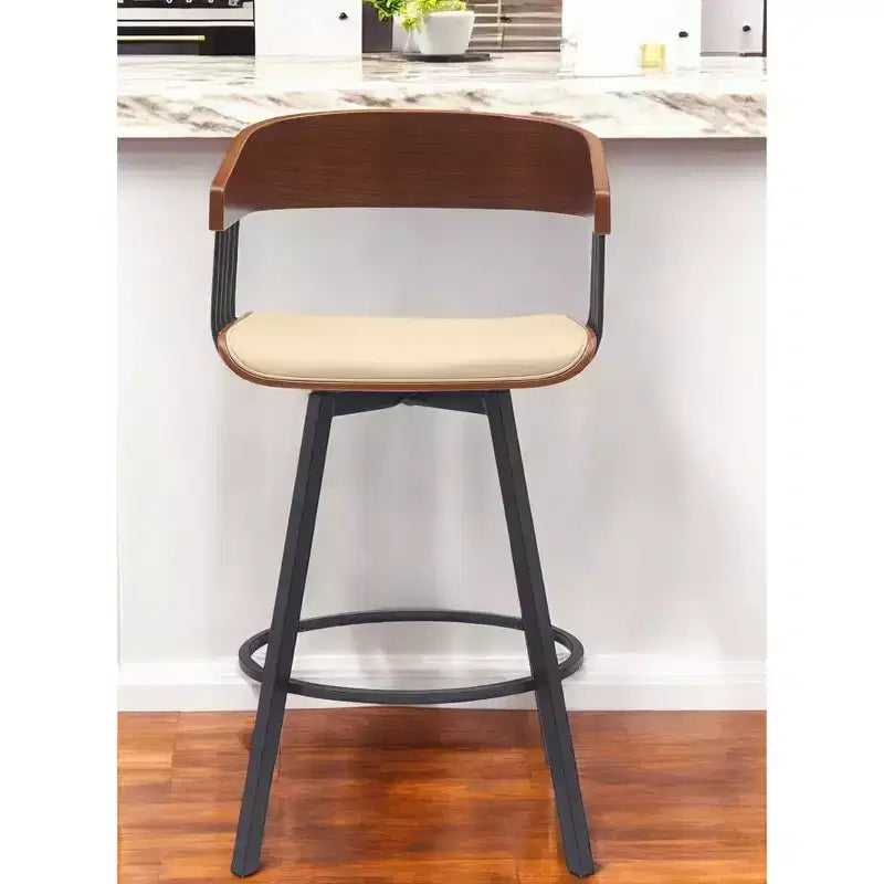 Chaise de bar pivotante HomeRoots de 27 pouces à hauteur de comptoir en similicuir crème et noir avec métal
