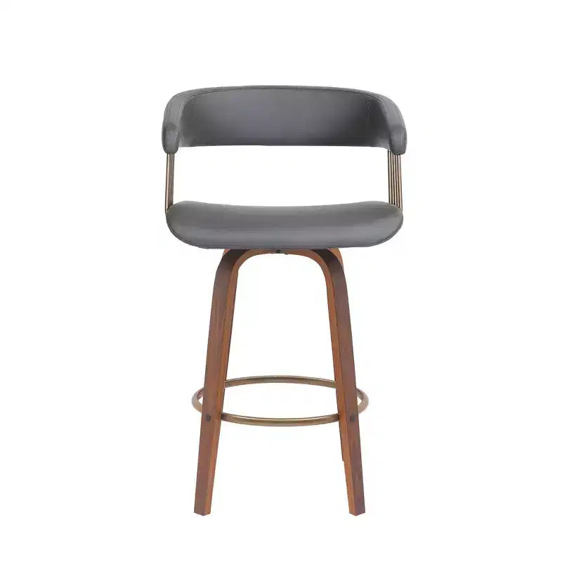HomeRoots 26 Gray And Wood Brown Faux Leather Swivel Counter Height Bar Chair