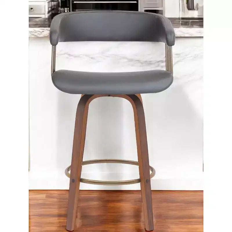 Chaise de bar pivotante HomeRoots 26, hauteur comptoir, en similicuir gris et bois marron
