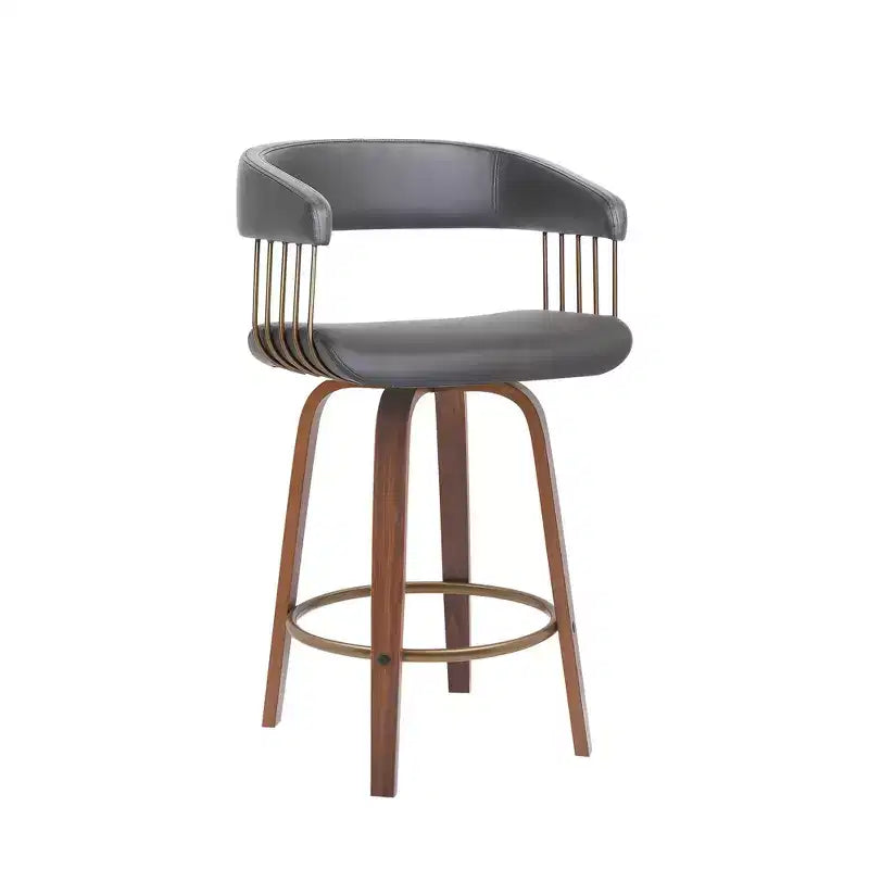 Chaise de bar pivotante HomeRoots 26, hauteur comptoir, en similicuir gris et bois marron