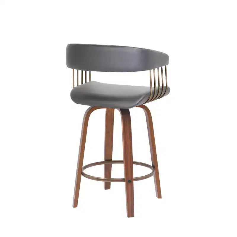 Chaise de bar pivotante HomeRoots 26, hauteur comptoir, en similicuir gris et bois marron