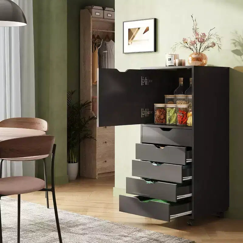 GALAXHERO 5-Drawer Wood Dresser with Top Cabinet, Mobile Storage Chest for Home Office, Black