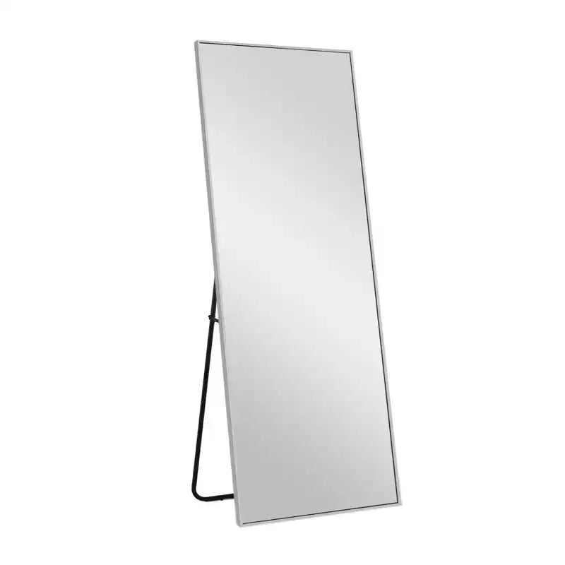 MAYEERTY 64.17x21.26x0.59 pollici Specchio a figura intera rettangolare argento con bordo sottile in alluminio ad angolo retto con supporto