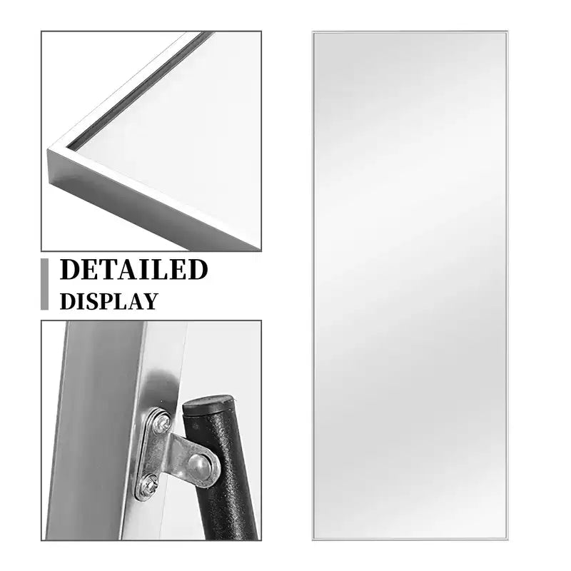 MAYEERTY 64.17x21.26x0.59 pollici Specchio a figura intera rettangolare argento con bordo sottile in alluminio ad angolo retto con supporto