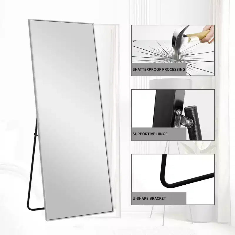 MAYEERTY 64.17x21.26x0.59 pollici Specchio a figura intera rettangolare argento con bordo sottile in alluminio ad angolo retto con supporto