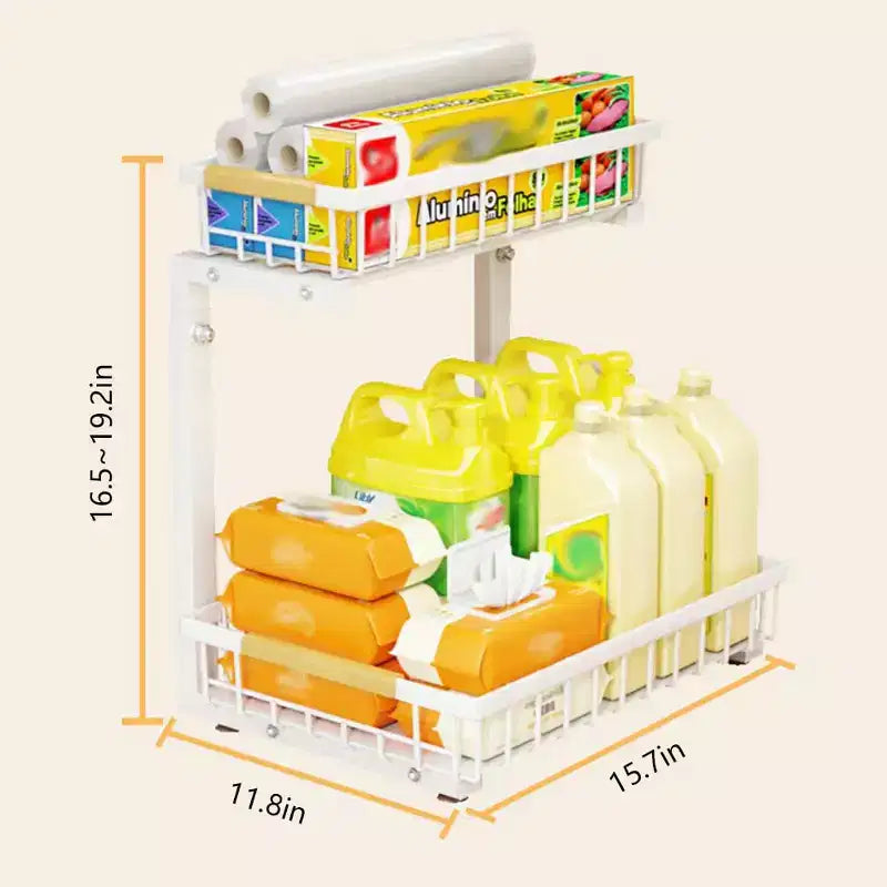 Organizzatori sottopiano a 2 livelli con cassetto scorrevole estraibile, in metallo per cucina, bagno, dispensa e ripostiglio, antiruggine