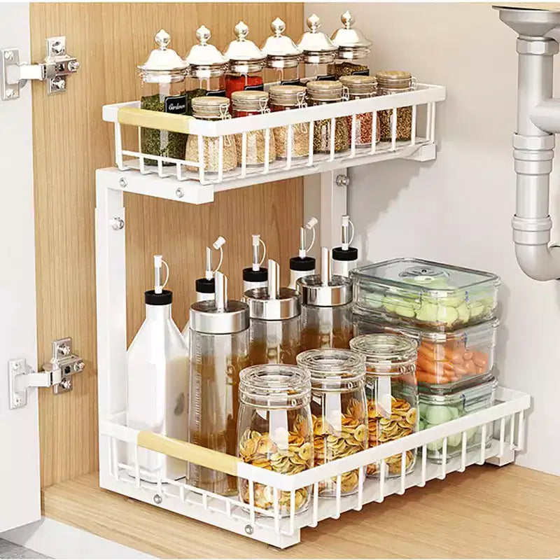 Organizzatori sottopiano a 2 livelli con cassetto scorrevole estraibile, in metallo per cucina, bagno, dispensa e ripostiglio, antiruggine