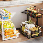 Organizzatori sottopiano a 2 livelli con cassetto scorrevole estraibile, in metallo per cucina, bagno, dispensa e ripostiglio, antiruggine