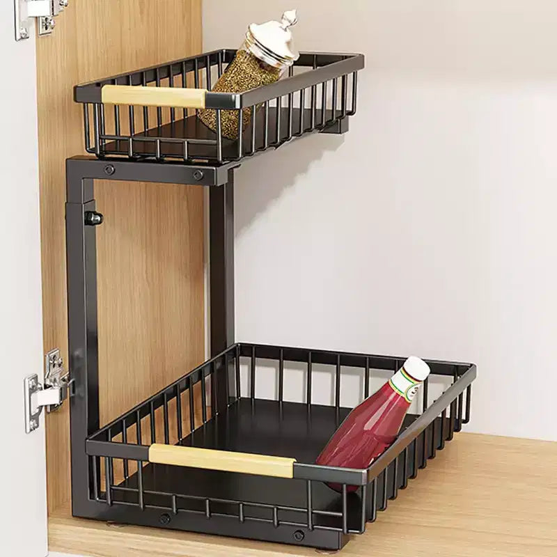 Organizzatori sottopiano a 2 livelli con cassetto scorrevole estraibile, in metallo per cucina, bagno, dispensa e ripostiglio, antiruggine