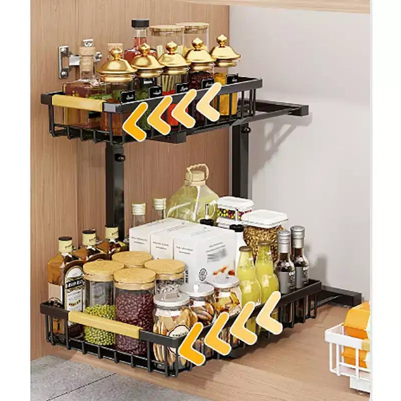 Organizzatori sottopiano a 2 livelli con cassetto scorrevole estraibile, in metallo per cucina, bagno, dispensa e ripostiglio, antiruggine