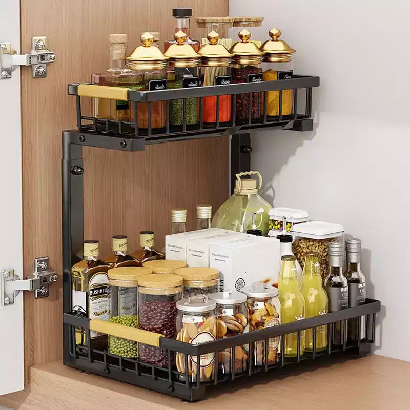 Organizzatori sottopiano a 2 livelli con cassetto scorrevole estraibile, in metallo per cucina, bagno, dispensa e ripostiglio, antiruggine