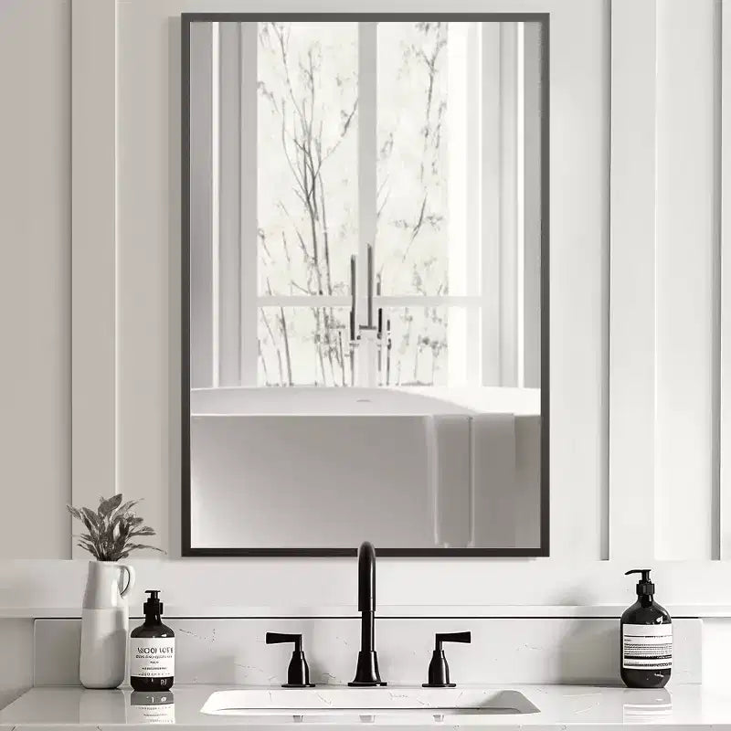 MAYEERTY 35.83x24.02x0.59in Aluminum Thin Edge Right Angle Rectangle Black Hanging Mirror Double Sided