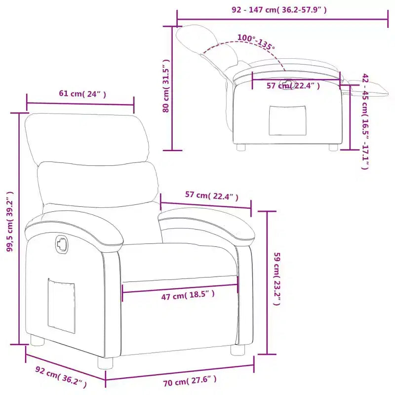 vidaXL Fauteuil inclinable en tissu vert foncé-Siège de salon réglable pour personnes âgées, rembourrage épais, poches latérales, cadre en bois et métal, inclinaison manuelle
