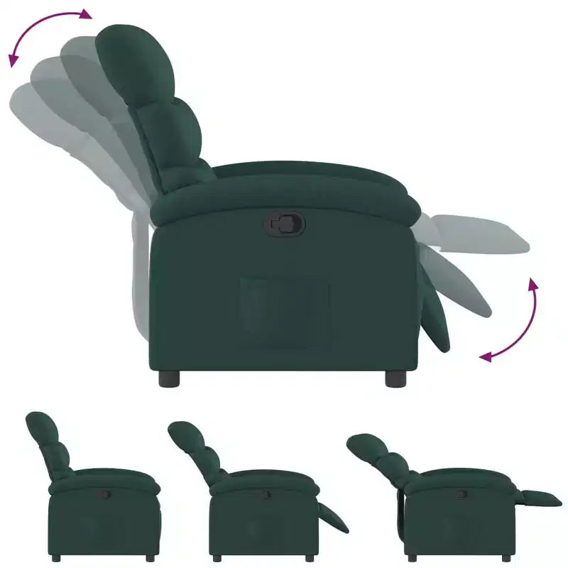 vidaXL Fauteuil inclinable en tissu vert foncé-Siège de salon réglable pour personnes âgées, rembourrage épais, poches latérales, cadre en bois et métal, inclinaison manuelle
